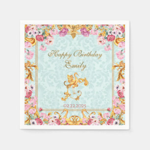 Servilleta De Papel Blue Pastel Gold Baroque Rococo Feliz cumpleaños