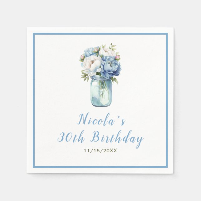 Servilleta De Papel Blue Peonies Mason Jar Birthday (Anverso)