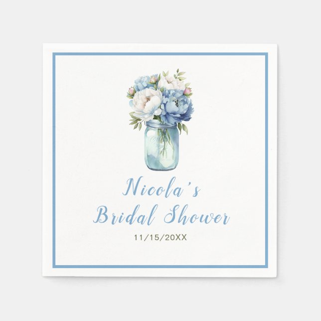 Servilleta De Papel Blue Peonies Mason Jar Bridal Shower (Anverso)