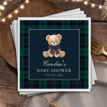 Blue Plaid Teddy Bear Baby Shower Napkins