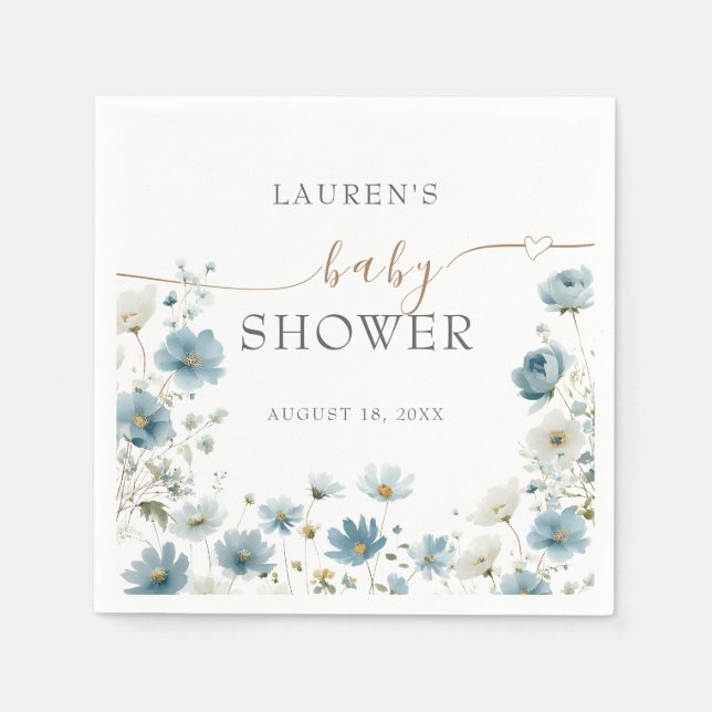 Servilleta De Papel Blue Preppy Flowers Watercolor Baby Shower (Anverso)