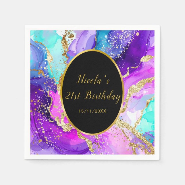 Servilleta De Papel Blue, Purple and Gold Ink Birthday Party (Anverso)