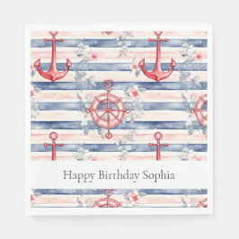 Servilleta De Papel Blue Red Anchors Floral Stripes Beach Birthday