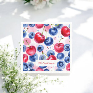 Servilleta De Papel Blue Red Fruit Food Watercolor Berry Cherry