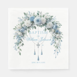 Servilleta De Papel Blue Rose & Silver Cross Baptism Napkins