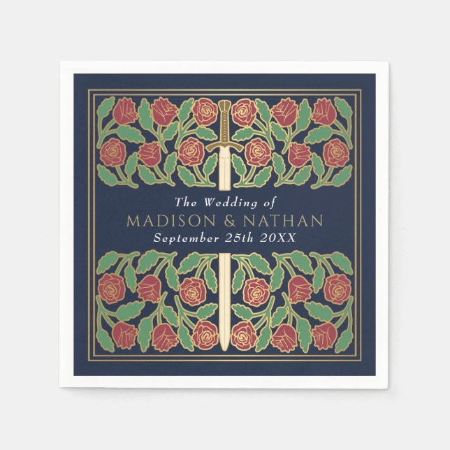 Servilleta De Papel Blue Royal Medieval Gold Floral Sword Wedding (Anverso)