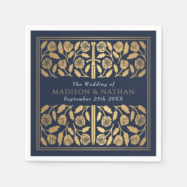 Servilleta De Papel Blue Royal Medieval Gold Sword Wedding (Anverso)