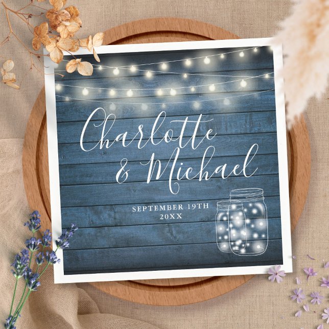 Servilleta De Papel Blue Rustic Wood String Lights Mason Jars Boda (Subido por el creador)