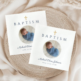 Servilleta De Papel Blue Script Religious Cross Boy Baptism Photo