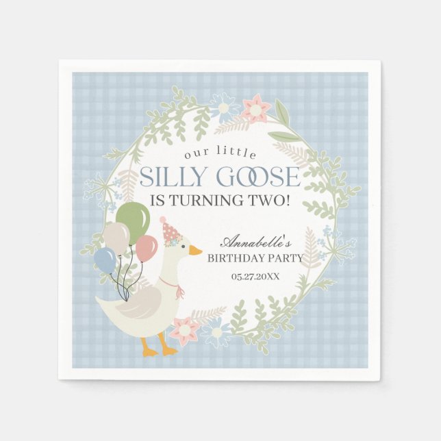 Servilleta De Papel Blue Silly Goose Floral Gingham Birthday (Anverso)