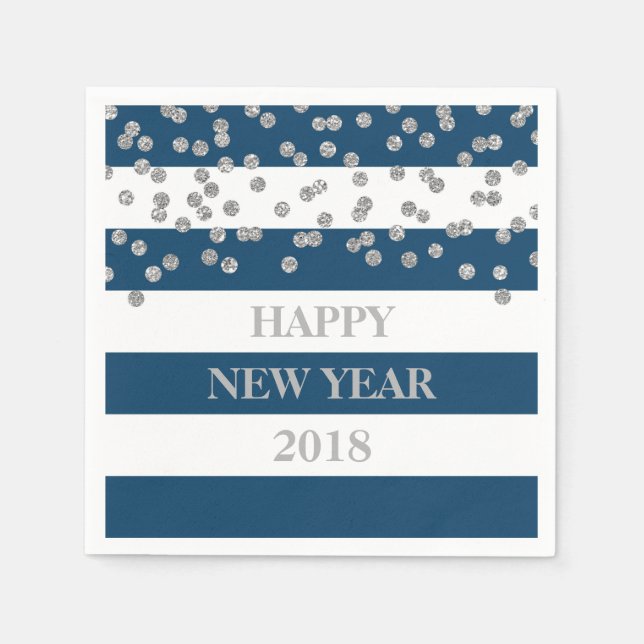 Servilleta De Papel Blue Silver Confetti Happy New Year Napkins (Anverso)
