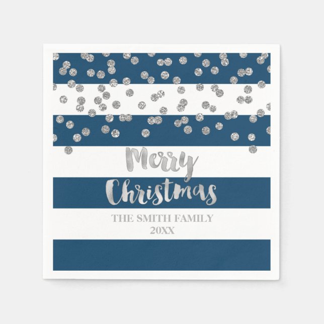 Servilleta De Papel Blue Silver Confetti Merry Christmas Napkin (Anverso)
