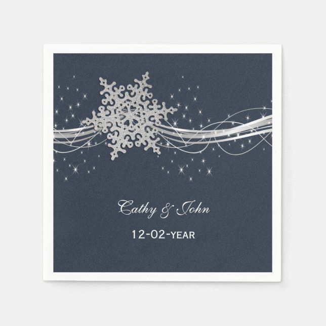 Servilleta De Papel Blue Silver Snowflakes boda Napkin personalizado (Anverso)