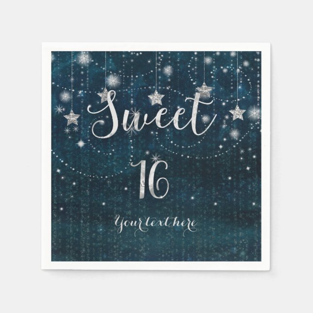 Servilleta De Papel Blue & Silver Starry Celestial Sweet 16 Fiesta (Anverso)