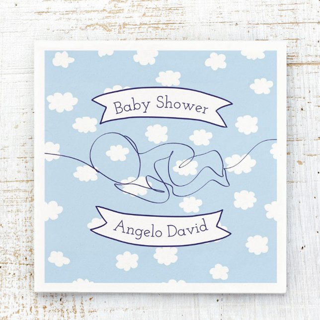 Servilleta De Papel Blue Sky and Clouds Boy Baby Shower (Baby Shower Napkin Sleeping Baby Line Art)
