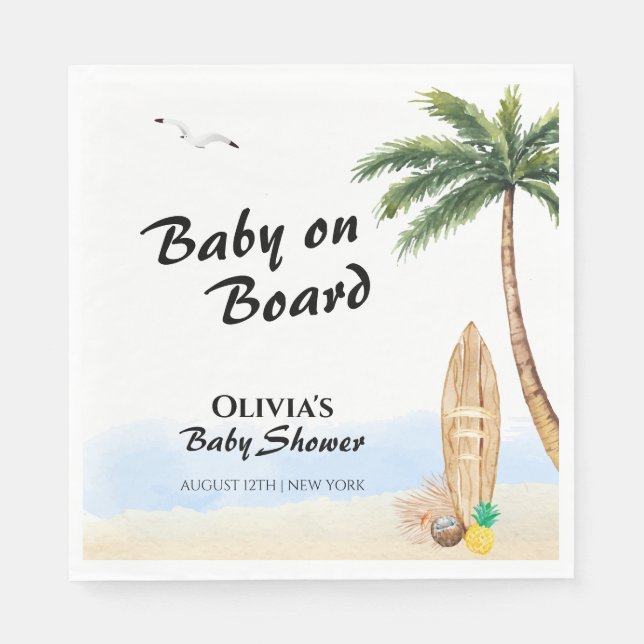 Servilleta De Papel Blue Sky Baby On Board Beach Surf Baby Shower (Anverso)
