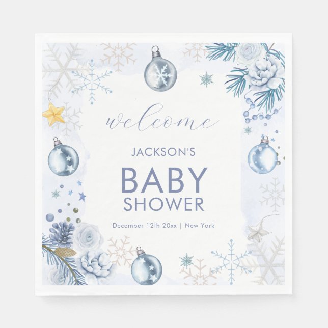 Servilleta De Papel Blue Snowflake Flower Winter Baby Shower Welcome (Anverso)