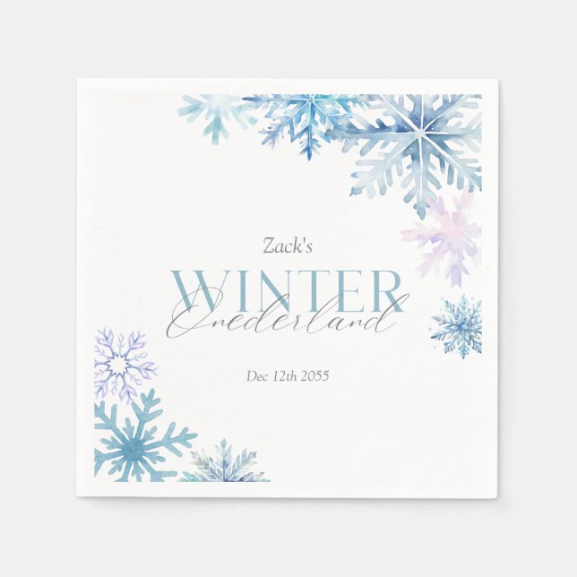 Servilleta De Papel Blue Snowflake Winter Wonderland First Birthday  (Anverso)