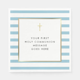 Servilleta De Papel Blue Stripe Gold Cross Mensaje de Comunión Santa