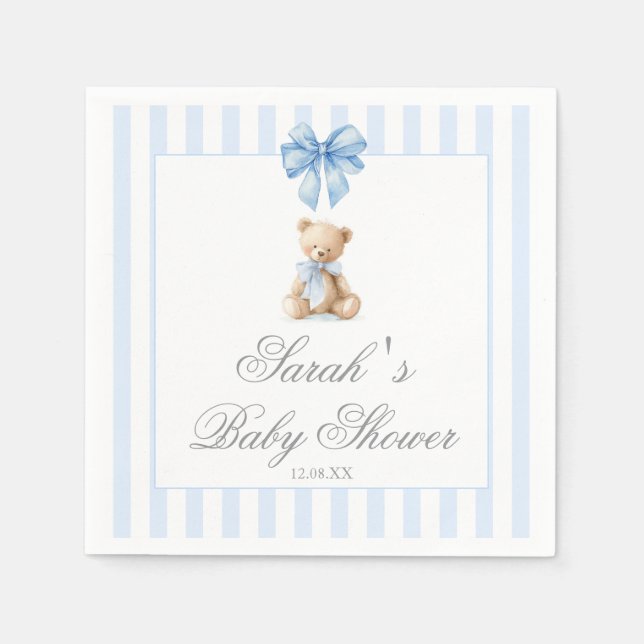Servilleta De Papel Blue Stripes Bear Baby Shower (Anverso)