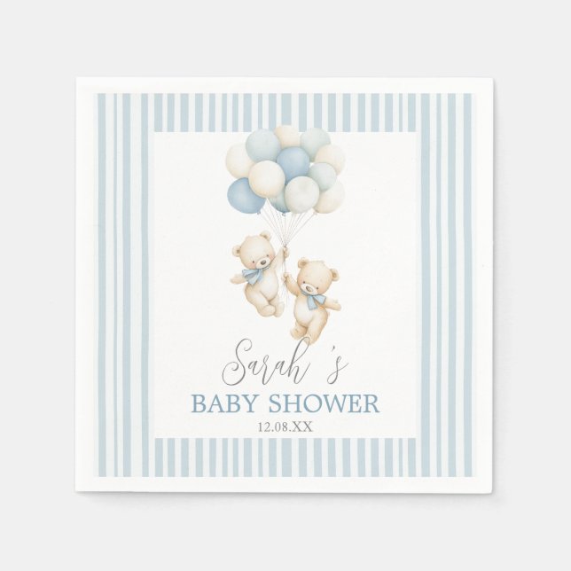 Servilleta De Papel Blue Stripes Twin Bears Baby Shower Napkins (Anverso)