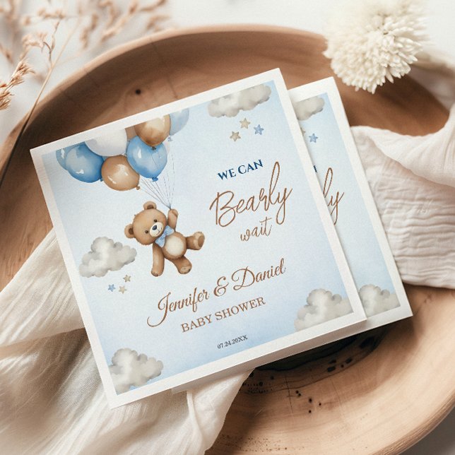 Servilleta De Papel Blue Tan Teddy Bear Globes Baby Shower (Subido por el creador)