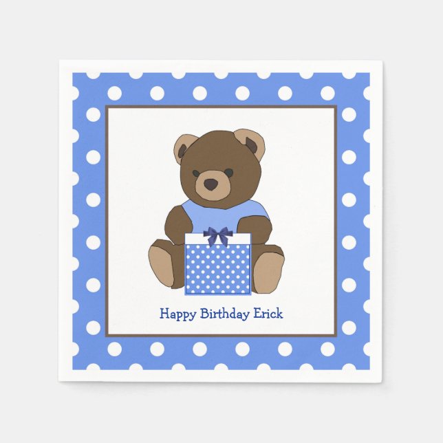 Servilleta De Papel Blue Teddy Bear Polka Napkins Cumpleaños (Anverso)
