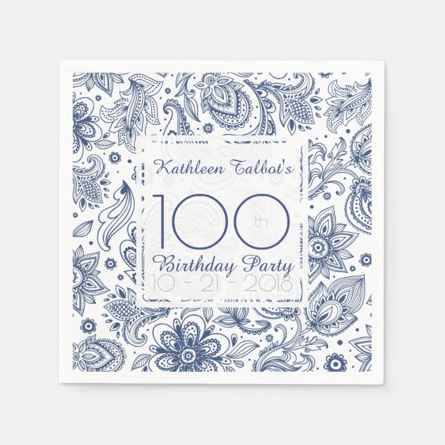 Servilleta De Papel Blue Vintage 100th Birthday Party Paper Napkin (Anverso)