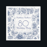 Servilleta De Papel Blue Vintage 80th Birthday Party Paper Napkin<br><div class="desc">Hermoso y Liberty patrón hippie azul vintage floral sobre fondo pálido. Sofisticado y femenino periódico de cumpleaños número 80 servilleta con textos de personalizable en cuadrados transparentes. Puede cambiar fácilmente los textos (fuente, tamaño, color y posición) y el diseño (tamaño y posición). Productos para la fiesta de cumpleaños: placa de...</div>