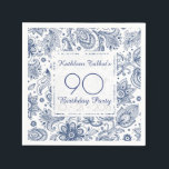 Servilleta De Papel Blue Vintage 90th Birthday Party Paper Napkin<br><div class="desc">Hermoso y Liberty patrón hippie azul vintage floral sobre fondo pálido. Sofisticado y femenino periódico de cumpleaños número 90 servilleta con textos de personalizable en cuadrados transparentes. Puede cambiar fácilmente los textos (fuente, tamaño, color y posición) y el diseño (tamaño y posición). Productos para la fiesta de cumpleaños: placa de...</div>