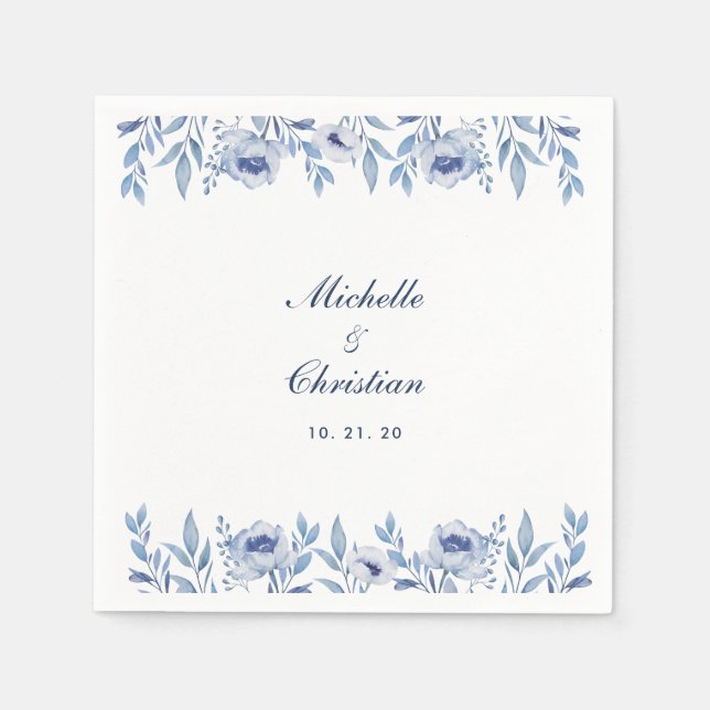 Servilleta De Papel Blue Watercolor Floral Boda Napkin (Anverso)