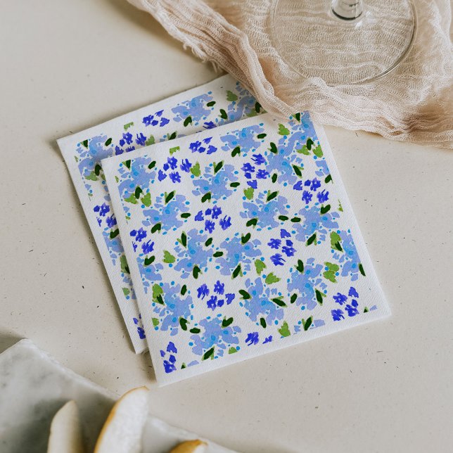 Servilleta De Papel Blue Watercolor Floral Garden (Blue watercolor floral garden paper party napkins.)
