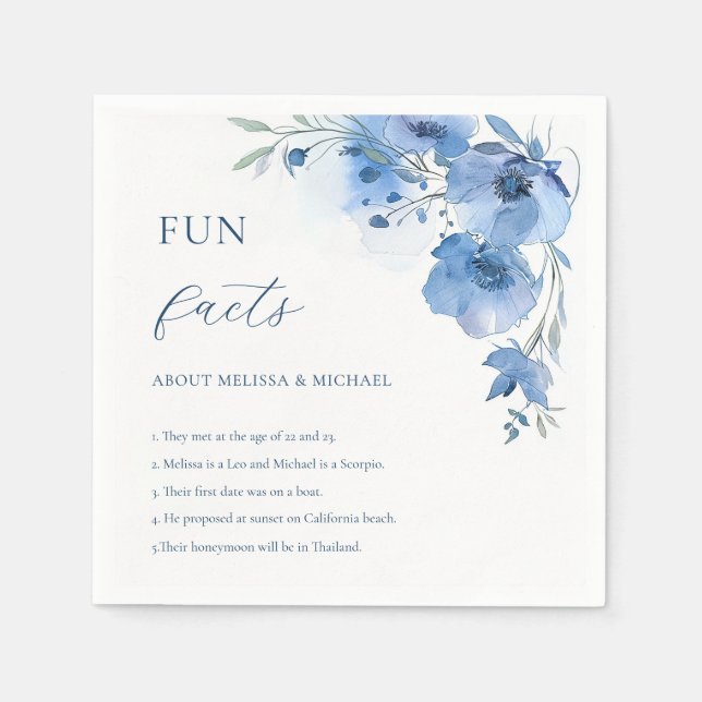 Servilleta De Papel Blue Watercolor Flowers Fun Facts Wedding  (Anverso)