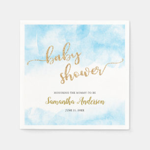 Servilleta De Papel Blue Watercolor Gold Purpurina Baby Shower