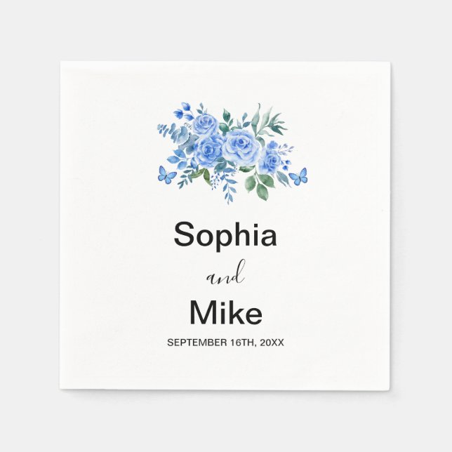 Servilleta De Papel Blue Watercolour Floral and Butterflies Wedding (Anverso)