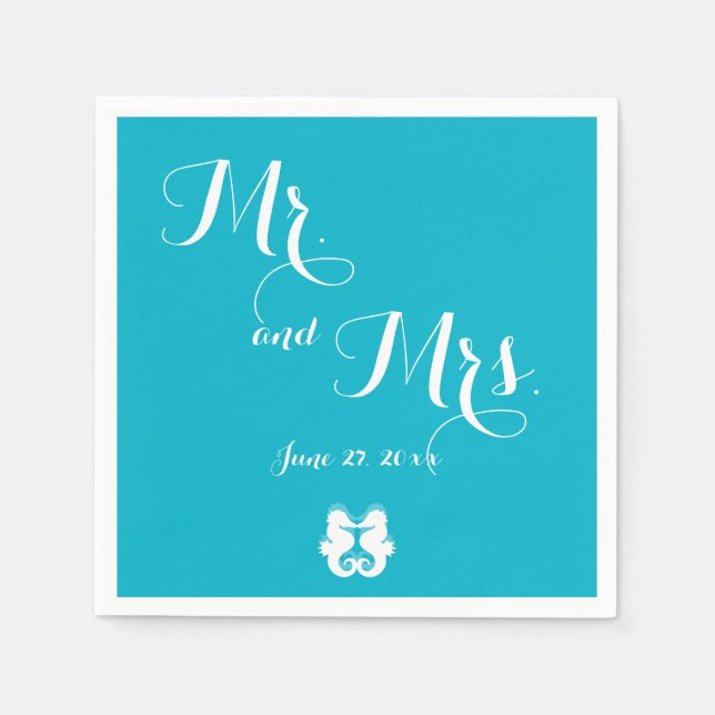 Servilleta De Papel Blue White Mr. y la Sra. Seahorse Boda Napkins (Anverso)