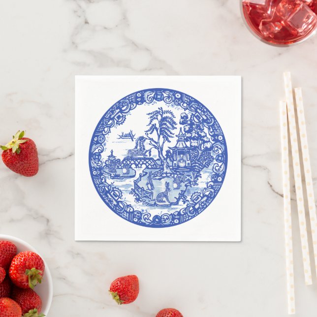 Servilleta De Papel Blue White Willow Rabbit Clásica Napkins (In situ)