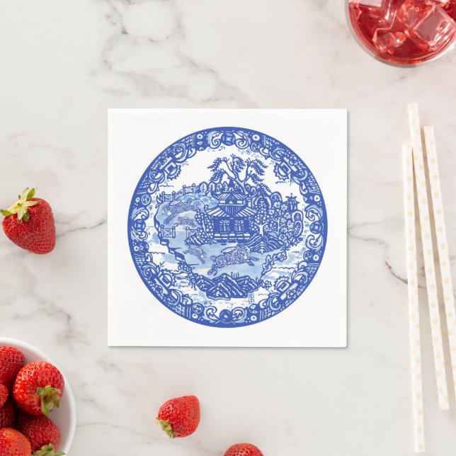 Servilleta De Papel Blue White Willow Rabbit Clásica Napkins (In situ)
