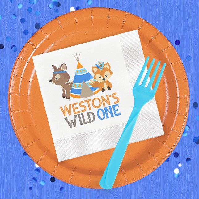 Servilleta De Papel Blue Wild One Fox y Deer Primer Cumpleaños (Personalized Wild One Fox & Deer 1st Birthday Party Napkins in Royal Blue, Baby Blue and Orange)