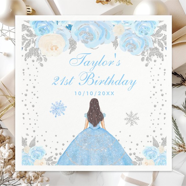 Servilleta De Papel Blue Winter Brunette Hair Princess Birthday Party (Subido por el creador)
