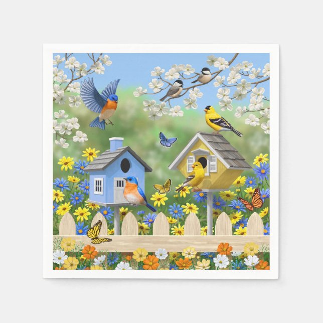 Servilleta De Papel Bluebirds Goldfinches Birdhouses Flower Garden (Anverso)
