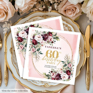 Servilleta De Papel Blush Dorado Floral Borgoña Bohemio 60 Servilletas