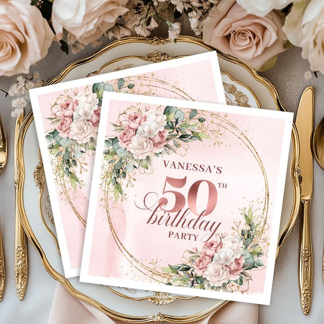 Servilleta De Papel Blush Floral Rose Gold 50th Birthday Beverage   (Blush Floral Rose Gold 50th Birthday Beverage Napkins)