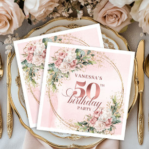 Servilleta De Papel Blush Floral Rose Gold Cumpleaños 50 Bebida