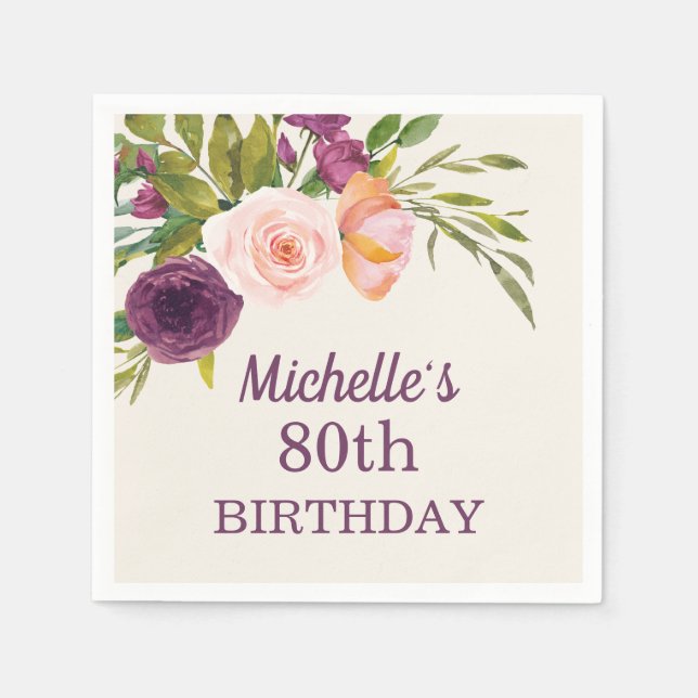 Servilleta De Papel Blush Morado Floral Crema Cumpleaños 80 (Anverso)