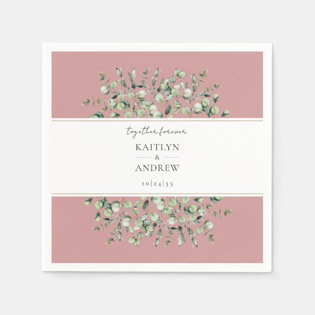 Servilleta De Papel Blush Pink Eucalyptus Together Forever Wedding  (Anverso)