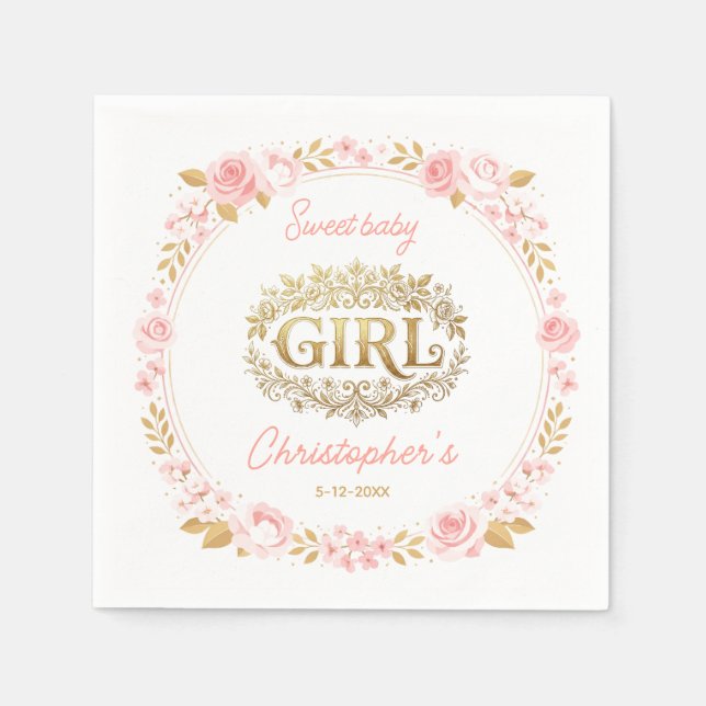 Servilleta De Papel Blush Pink & Gold Floral Girl Baby Shower (Anverso)