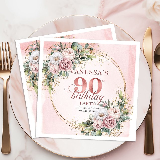 Servilleta De Papel Blush Pink Greenery Floral 90th Birthday Party   (Blush Pink Greenery Floral 90th Birthday Party Napkins)