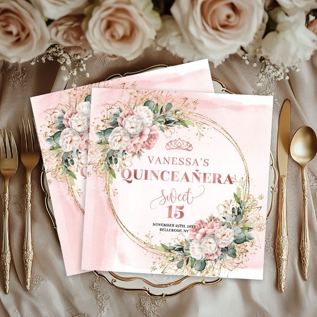 Servilleta De Papel Blush Pink Greenery Quinceañera Party Napkins (Blush Pink Greenery Quinceañera Party Napkin Design)