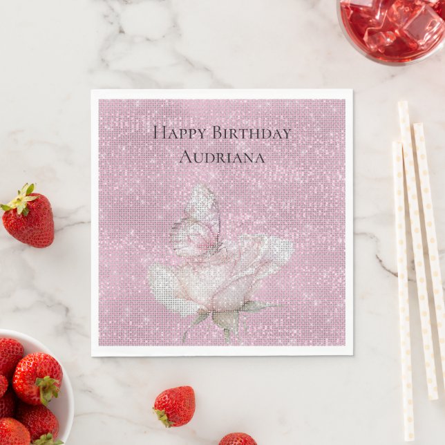 Servilleta De Papel Blush Pink Rose Butterfly Sparkle Birthday (In situ)